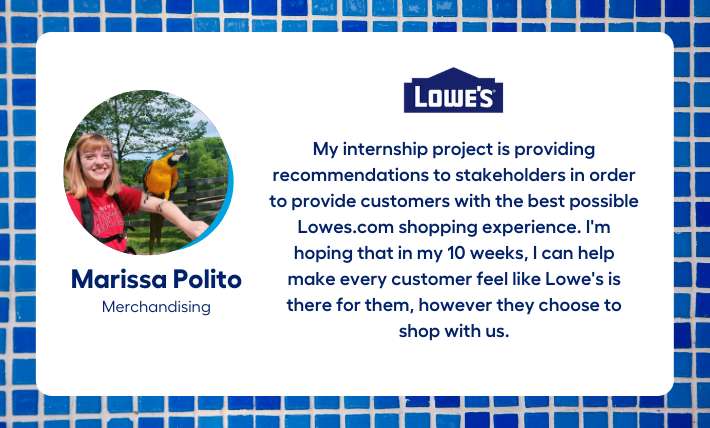 Marissa Polito, merchandising intern, says "My internship project is providing recommendations to stakeholders in order to provide customers with the best possible Lowes.com shopping experience. I'm hoping that in my 10 weeks, I can help make every customer feel like Lowe's is there for them, however they choose to shop with us."